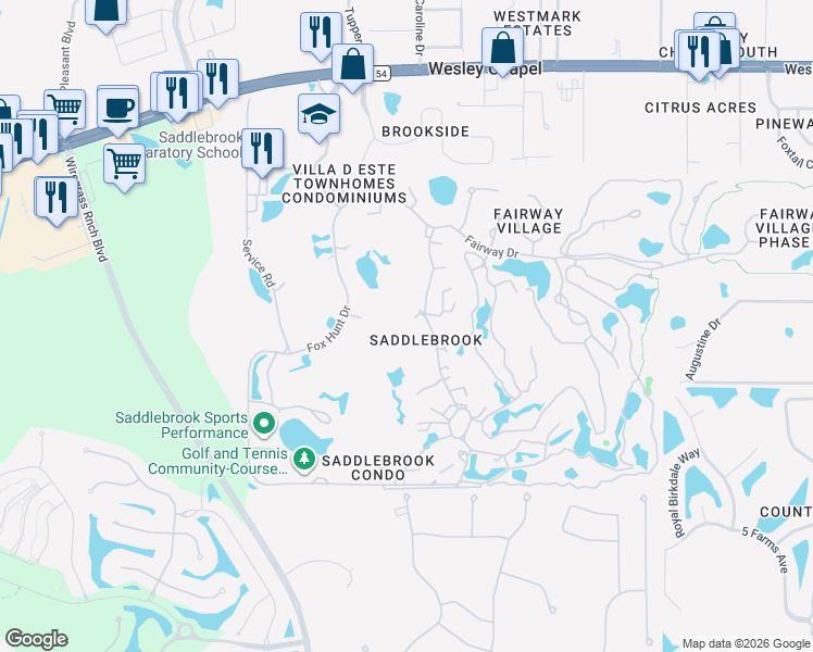 map of restaurants, bars, coffee shops, grocery stores, and more near 5125 Pine Tree Lane in Zephyrhills