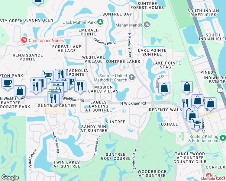 map of restaurants, bars, coffee shops, grocery stores, and more near 458 Carmel Dr in Melbourne