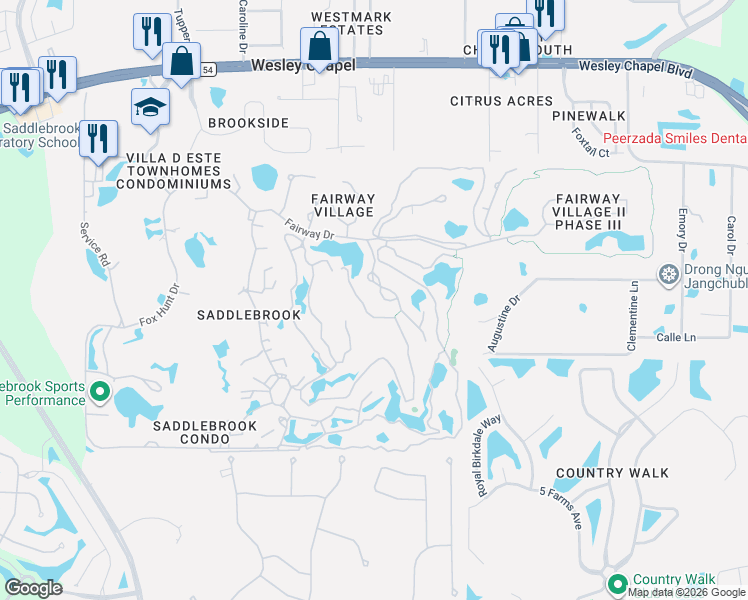 map of restaurants, bars, coffee shops, grocery stores, and more near 5151 Pinelake Road in Zephyrhills