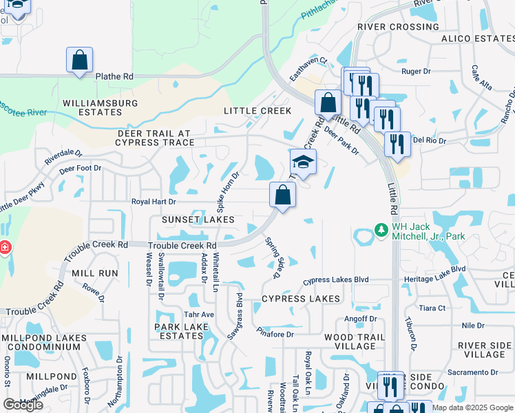 map of restaurants, bars, coffee shops, grocery stores, and more near 8521 Sunset Road in New Port Richey