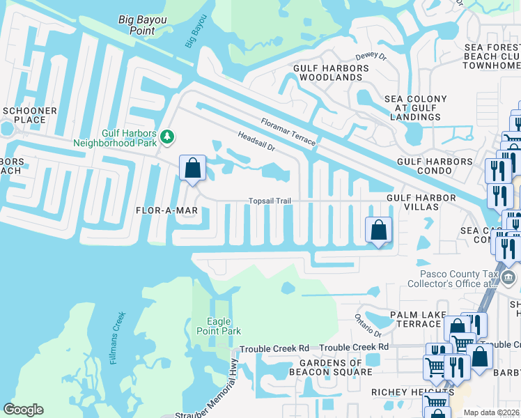 map of restaurants, bars, coffee shops, grocery stores, and more near 5003 Anchor Way in Port Richey