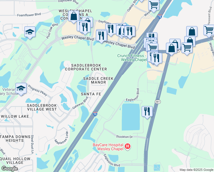 map of restaurants, bars, coffee shops, grocery stores, and more near 27731 Pleasure Ride Loop in Wesley Chapel