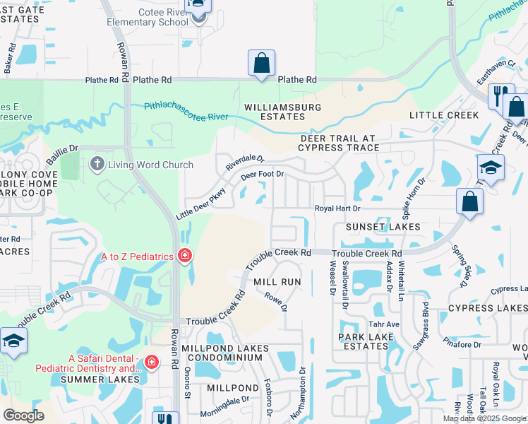 map of restaurants, bars, coffee shops, grocery stores, and more near 7806 Royal Hart Drive in New Port Richey
