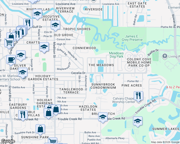 map of restaurants, bars, coffee shops, grocery stores, and more near 5005 Brookside Lane in New Port Richey