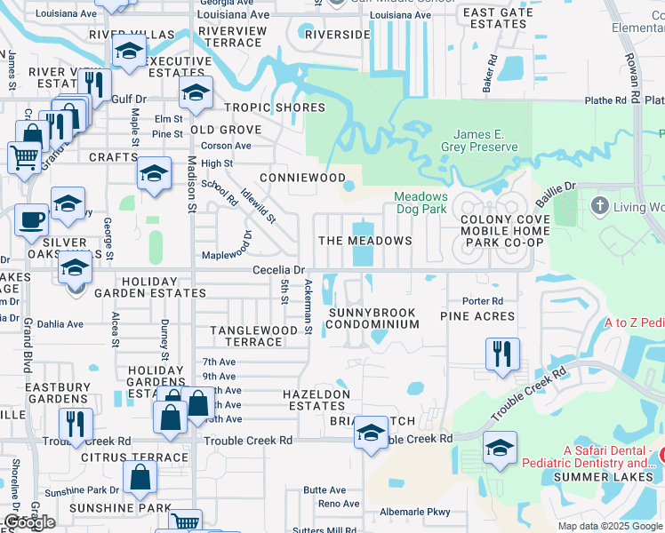map of restaurants, bars, coffee shops, grocery stores, and more near 5005 Brookside Lane in New Port Richey