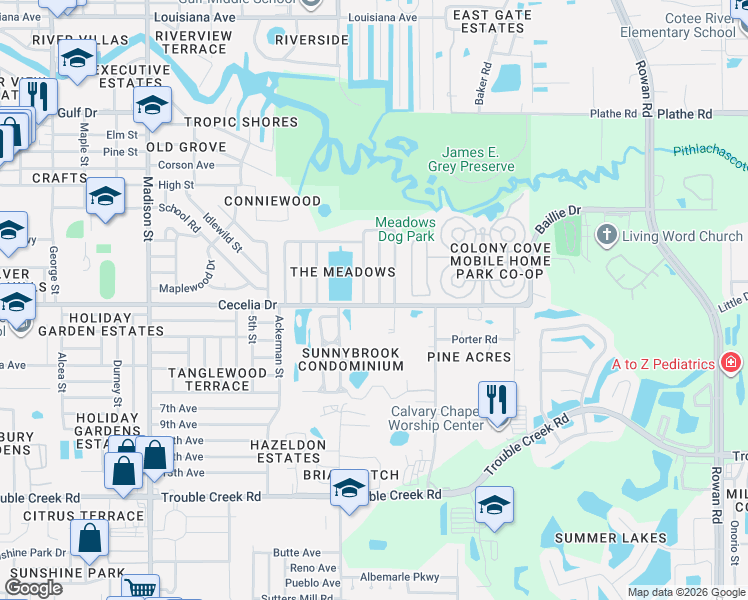 map of restaurants, bars, coffee shops, grocery stores, and more near 5005 Muriel Lane in New Port Richey