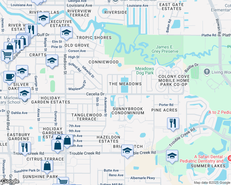 map of restaurants, bars, coffee shops, grocery stores, and more near 5005 Brookside Lane in New Port Richey