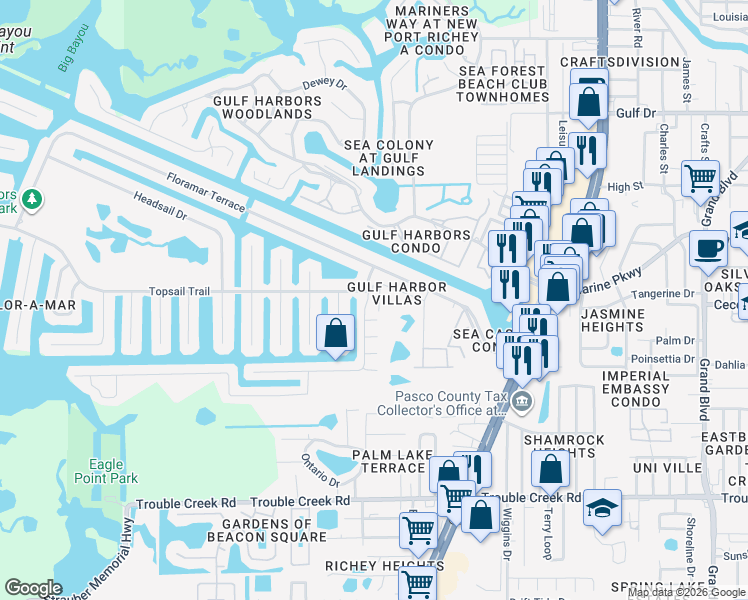 map of restaurants, bars, coffee shops, grocery stores, and more near 4605 Casswell Drive in Port Richey