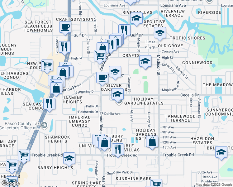 map of restaurants, bars, coffee shops, grocery stores, and more near 5004 Sherwood Drive in New Port Richey