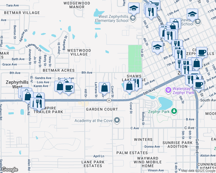 map of restaurants, bars, coffee shops, grocery stores, and more near 5042 Court Street in Zephyrhills