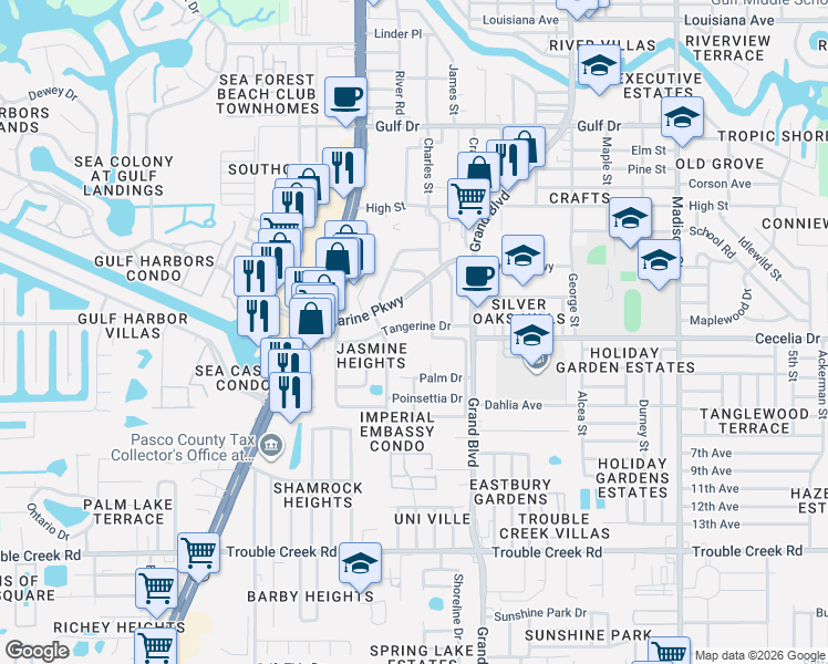 map of restaurants, bars, coffee shops, grocery stores, and more near 5344 Tangerine Drive in New Port Richey