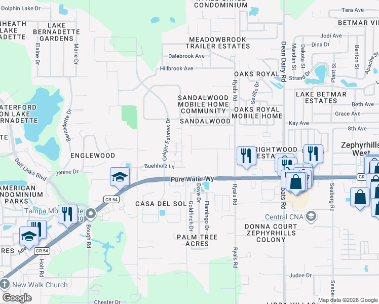 map of restaurants, bars, coffee shops, grocery stores, and more near 5100 Counselor Drive in Zephyrhills