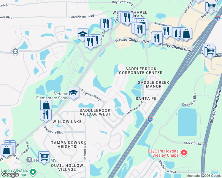 map of restaurants, bars, coffee shops, grocery stores, and more near 27155 Hollybrook Trail in Wesley Chapel