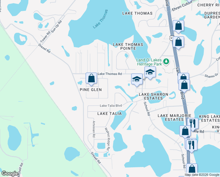 map of restaurants, bars, coffee shops, grocery stores, and more near 5045 Hartwell Loop in Land O' Lakes
