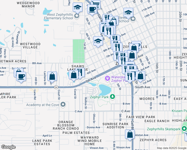 map of restaurants, bars, coffee shops, grocery stores, and more near 38101 5th Avenue in Zephyrhills