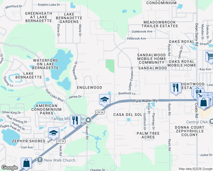 map of restaurants, bars, coffee shops, grocery stores, and more near 35640 Welby Court in Zephyrhills