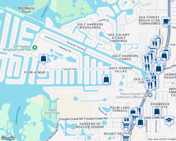 map of restaurants, bars, coffee shops, grocery stores, and more near 4324 Topsail Trail in New Port Richey