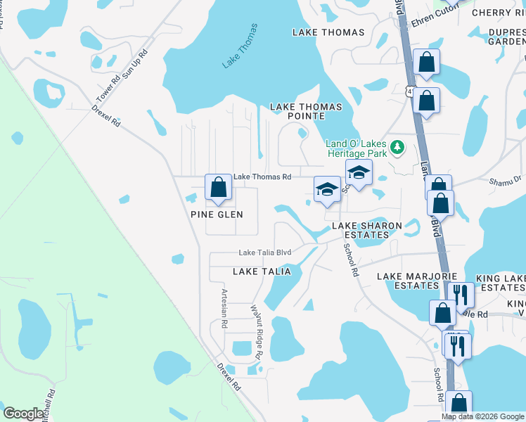 map of restaurants, bars, coffee shops, grocery stores, and more near 5110 Rushbrook Road in Land O' Lakes