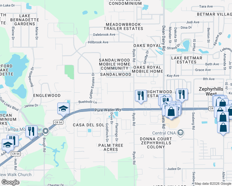 map of restaurants, bars, coffee shops, grocery stores, and more near 36211 State Highway 54 in Zephyrhills