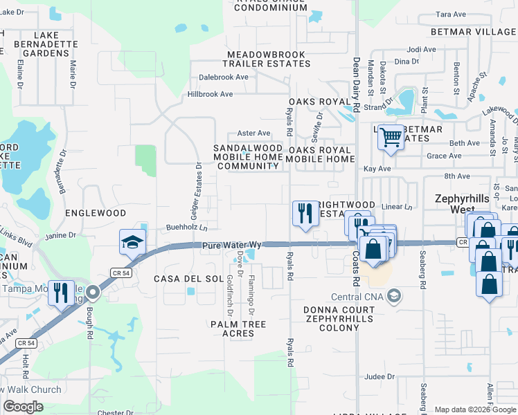 map of restaurants, bars, coffee shops, grocery stores, and more near 36211 State Highway 54 in Zephyrhills