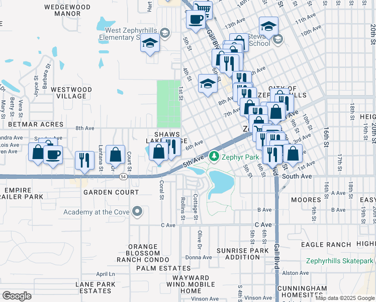 map of restaurants, bars, coffee shops, grocery stores, and more near 38027 Old 5th Avenue in Zephyrhills