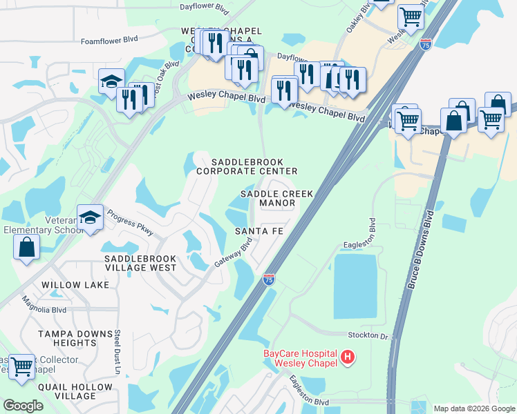 map of restaurants, bars, coffee shops, grocery stores, and more near 27901 Pleasure Ride Loop in Wesley Chapel