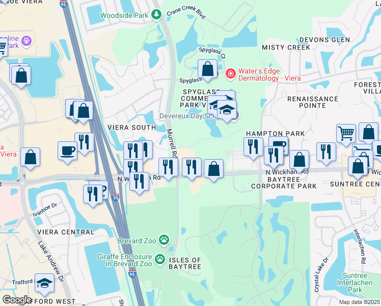 map of restaurants, bars, coffee shops, grocery stores, and more near 7332 Office Park Place in Melbourne