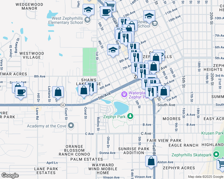 map of restaurants, bars, coffee shops, grocery stores, and more near 38101 5th Avenue in Zephyrhills