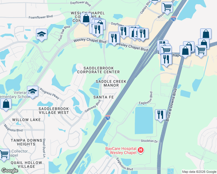 map of restaurants, bars, coffee shops, grocery stores, and more near 27822 Pleasure Ride Loop in Wesley Chapel