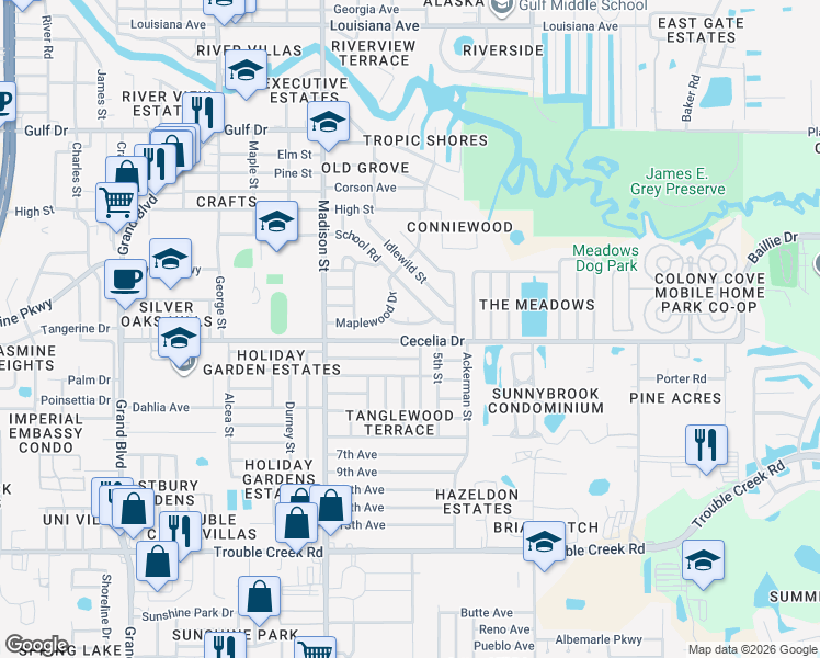 map of restaurants, bars, coffee shops, grocery stores, and more near 4950 Fleetwood Street in New Port Richey