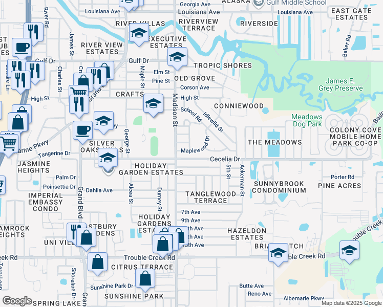 map of restaurants, bars, coffee shops, grocery stores, and more near 6042 Maplewood Drive in New Port Richey