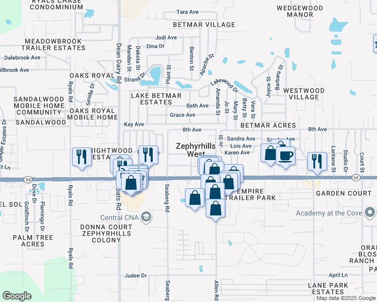 map of restaurants, bars, coffee shops, grocery stores, and more near 36828 Chestnut Lane in Zephyrhills