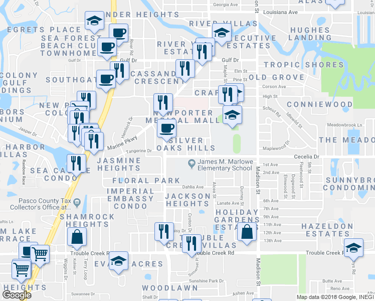 map of restaurants, bars, coffee shops, grocery stores, and more near 5014 Sherwood Drive in New Port Richey