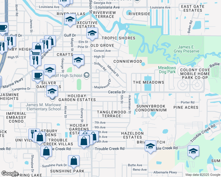 map of restaurants, bars, coffee shops, grocery stores, and more near 6140 Glenwood Drive in New Port Richey
