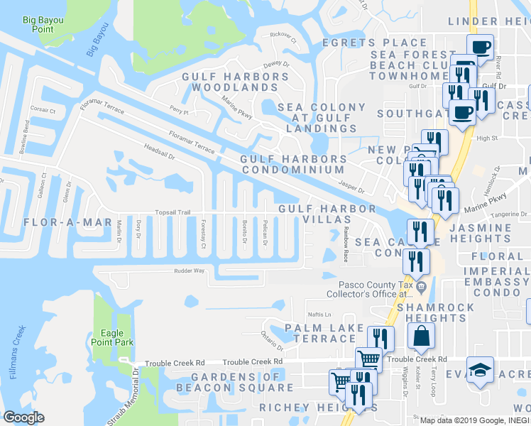 map of restaurants, bars, coffee shops, grocery stores, and more near 4442 Topsail Trail in New Port Richey