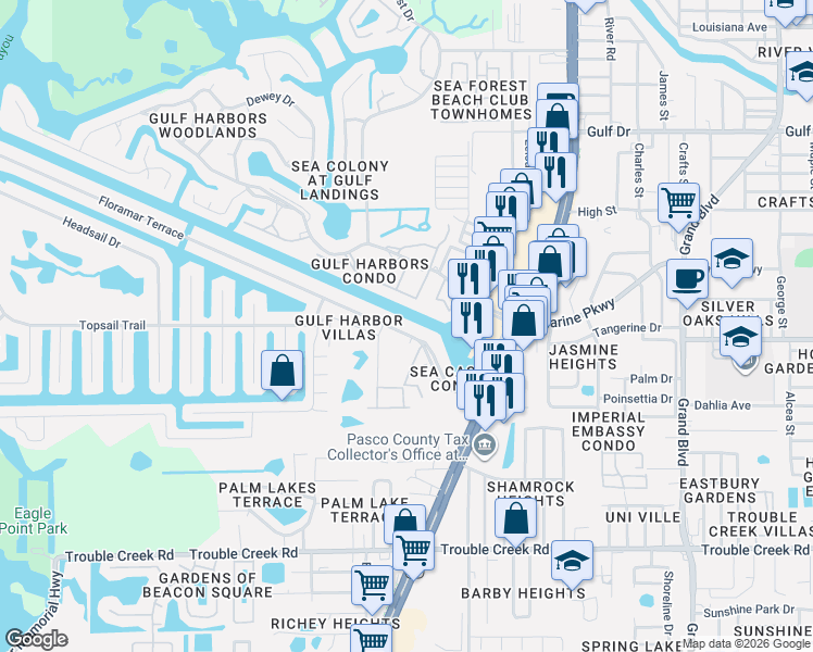 map of restaurants, bars, coffee shops, grocery stores, and more near 4945 New England Boulevard in New Port Richey