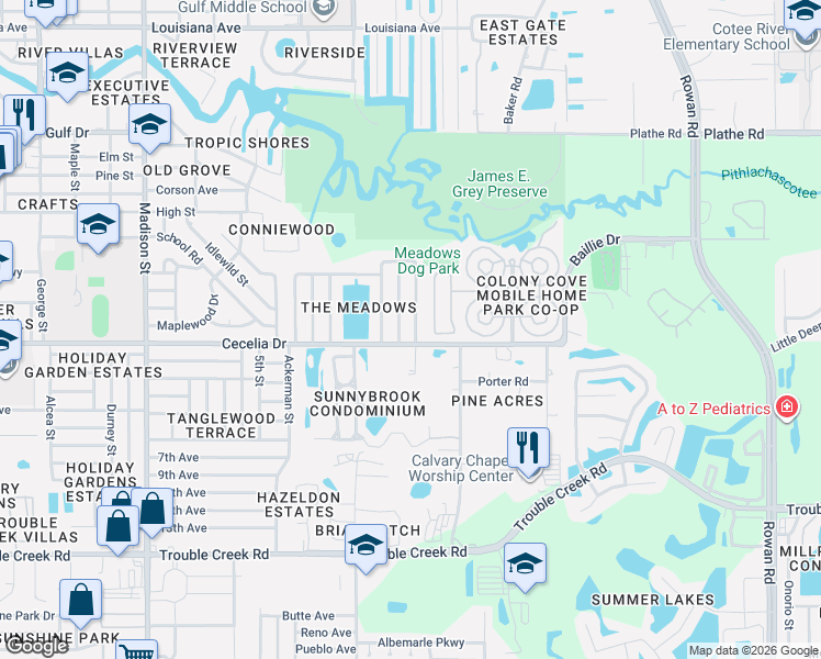 map of restaurants, bars, coffee shops, grocery stores, and more near 6600 Cecelia Drive in New Port Richey