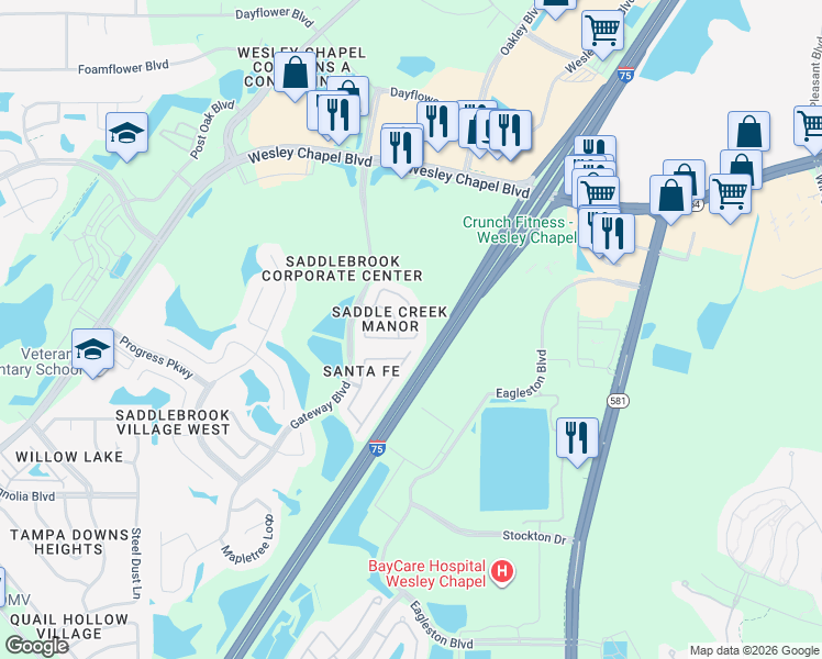 map of restaurants, bars, coffee shops, grocery stores, and more near 27731 Pleasure Ride Loop in Wesley Chapel