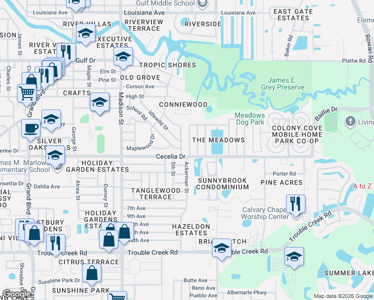 map of restaurants, bars, coffee shops, grocery stores, and more near 6316 Cecelia Drive in New Port Richey