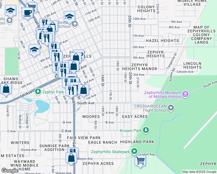 map of restaurants, bars, coffee shops, grocery stores, and more near 5050 17th Street in Zephyrhills