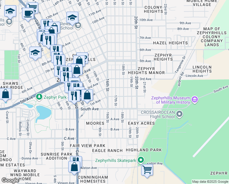 map of restaurants, bars, coffee shops, grocery stores, and more near 5127 17th Street in Zephyrhills