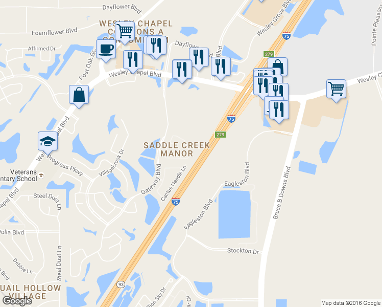 map of restaurants, bars, coffee shops, grocery stores, and more near 27711 Pleasure Ride Loop in Wesley Chapel