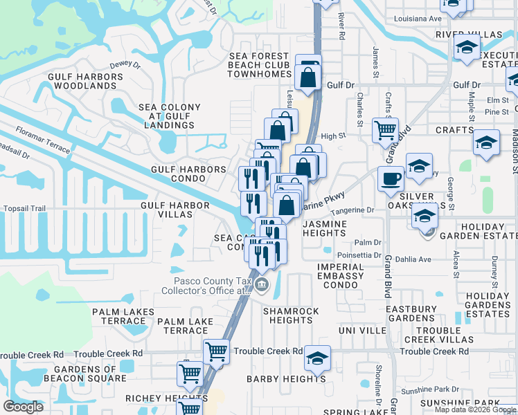 map of restaurants, bars, coffee shops, grocery stores, and more near 5015 U.S. 19 in New Port Richey