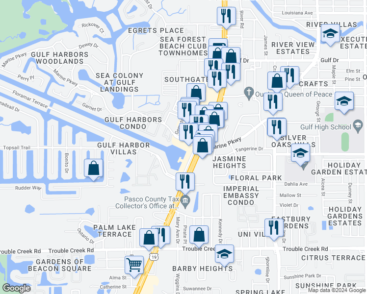 map of restaurants, bars, coffee shops, grocery stores, and more near 5015 U.S. 19 in New Port Richey