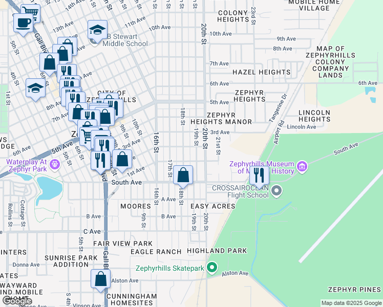 map of restaurants, bars, coffee shops, grocery stores, and more near 5048 18th Street in Zephyrhills