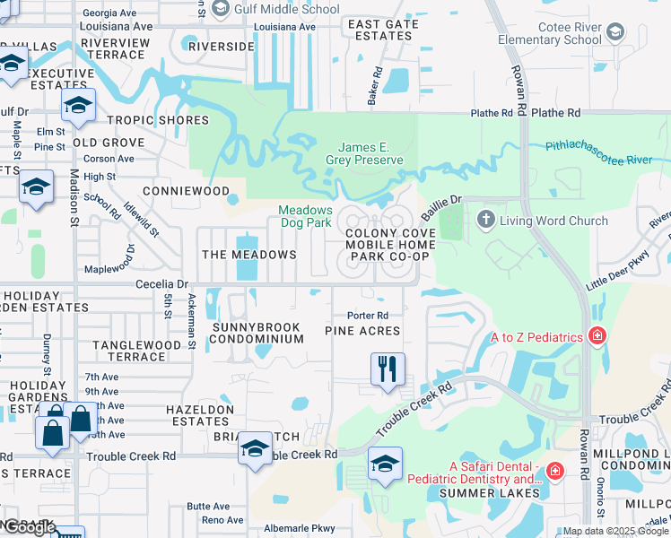 map of restaurants, bars, coffee shops, grocery stores, and more near in NEW PT RICHEY