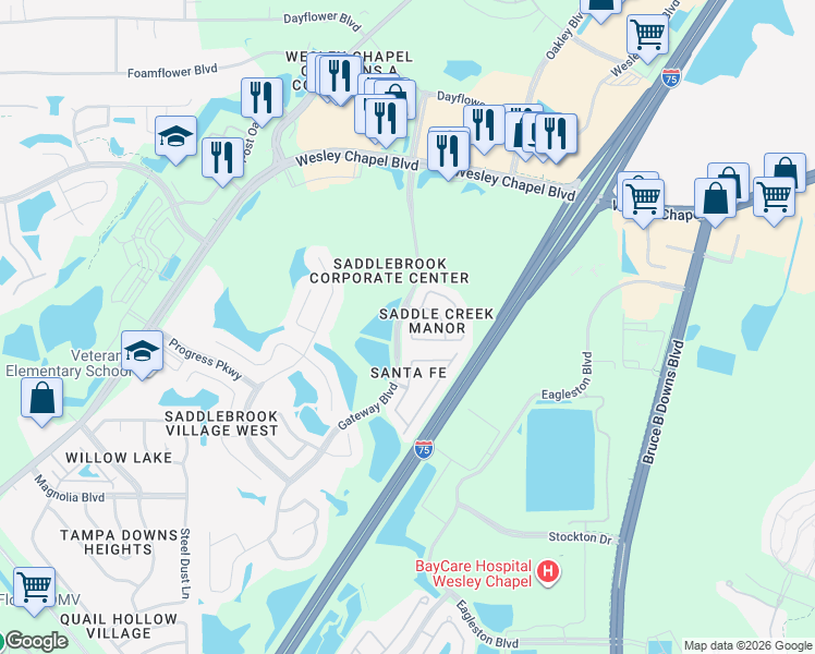 map of restaurants, bars, coffee shops, grocery stores, and more near 27913 Pleasure Ride Loop in Wesley Chapel