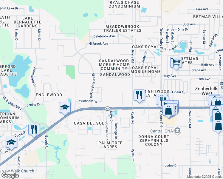 map of restaurants, bars, coffee shops, grocery stores, and more near 36022 Begonia Avenue in Zephyrhills