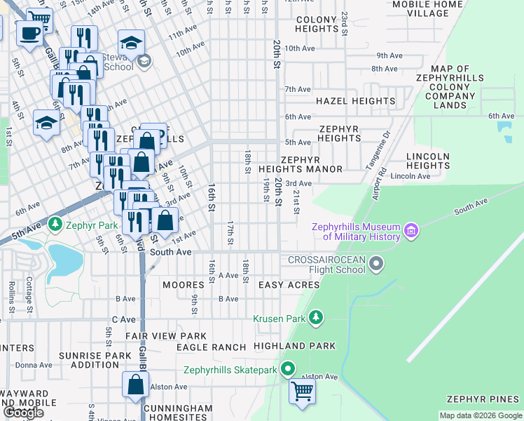 map of restaurants, bars, coffee shops, grocery stores, and more near 5150 18th Street in Zephyrhills