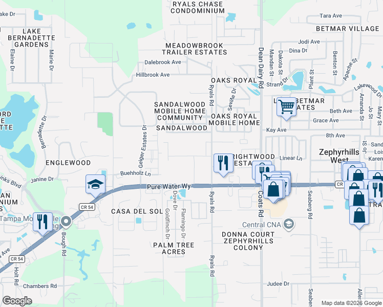 map of restaurants, bars, coffee shops, grocery stores, and more near 36110 Begonia Avenue in Zephyrhills